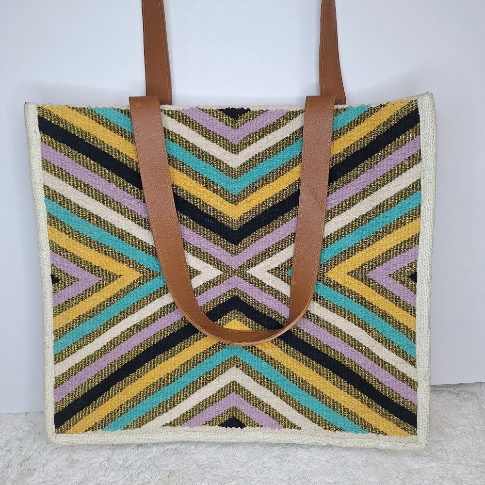 MYRA Chevron Patterned Tote Bag with Leather Straps